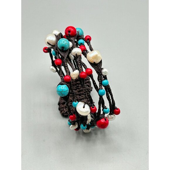 Beaded Wire Cuff Bracelet Genuine Pearls Red & Turquoise Color Beads Multilayer - Picture 2 of 7